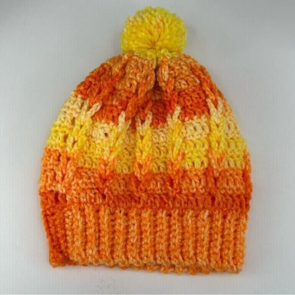 Created By Cyd Crochet Beanie Orange Yellow Gradient Pom Pom Cable Knit Hat NEW